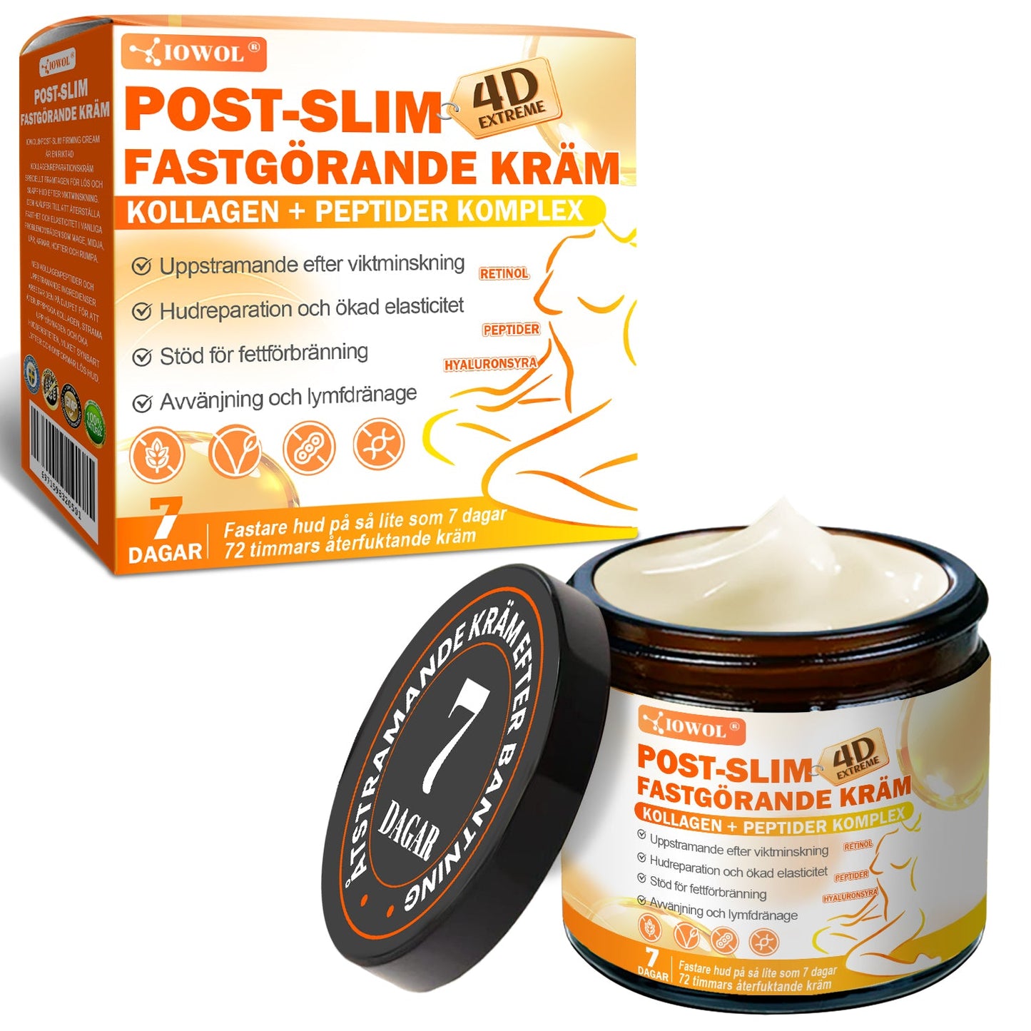 IOWOL® Post-Slim Uppstramande Kräm med GHK-Cu, Argireline & Matrixyl 3000, berikad med kollagenpeptider och huduppstramande aktiva ämnen för att rikta in sig på lös och slapp hud efter viktminskning.