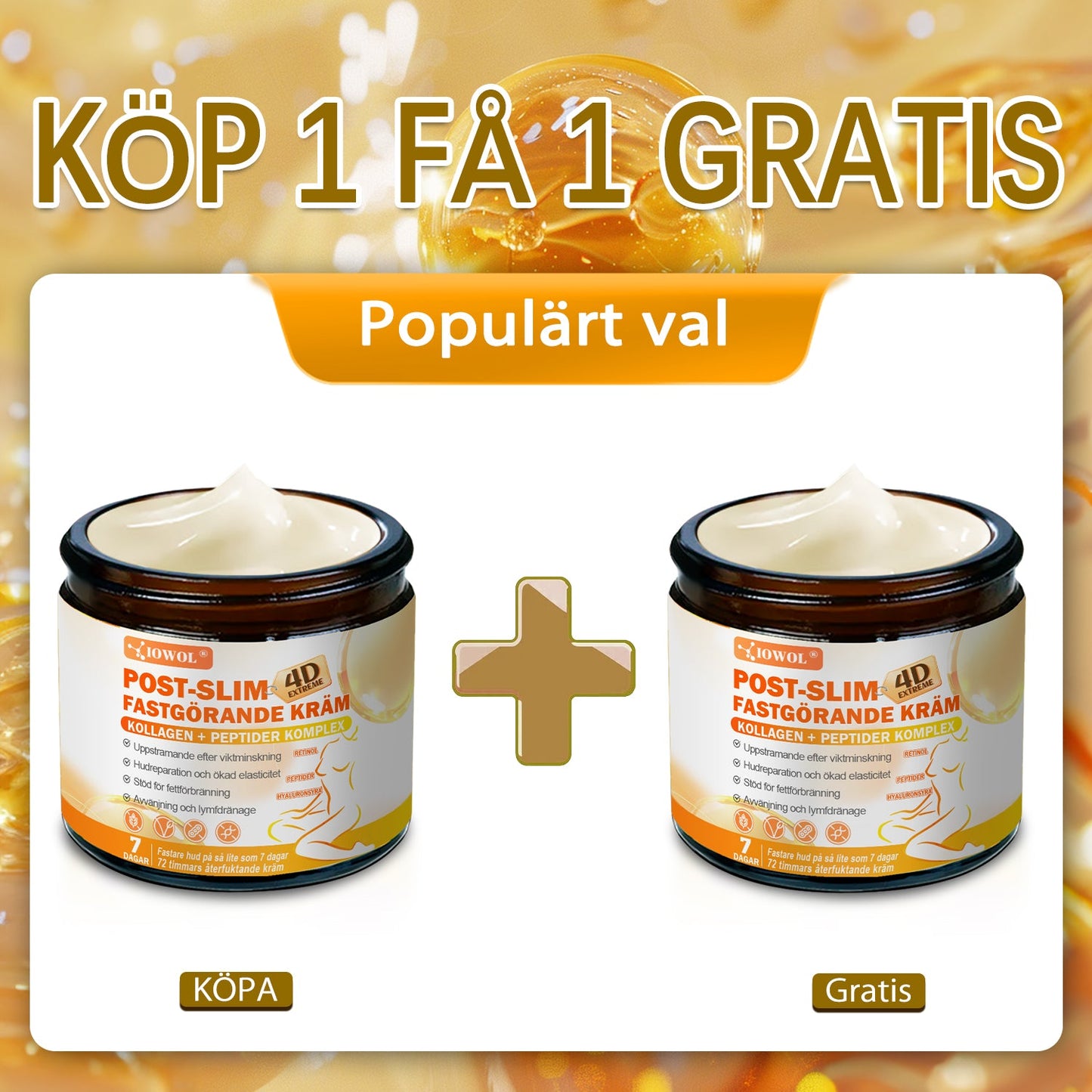 IOWOL® Post-Slim Uppstramande Kräm med GHK-Cu, Argireline & Matrixyl 3000, berikad med kollagenpeptider och huduppstramande aktiva ämnen för att rikta in sig på lös och slapp hud efter viktminskning.